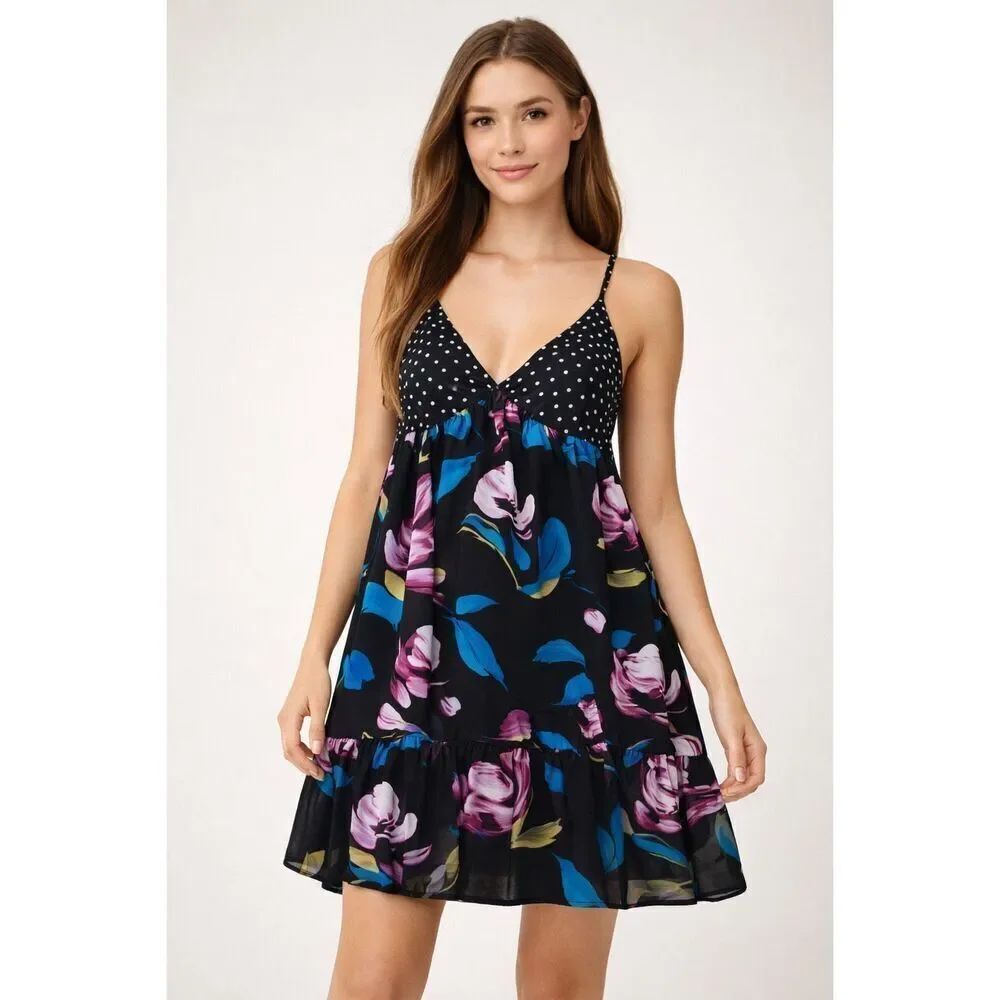 Forever 21 Floral Babydoll Mini Dress Polka Dot Straps Black S